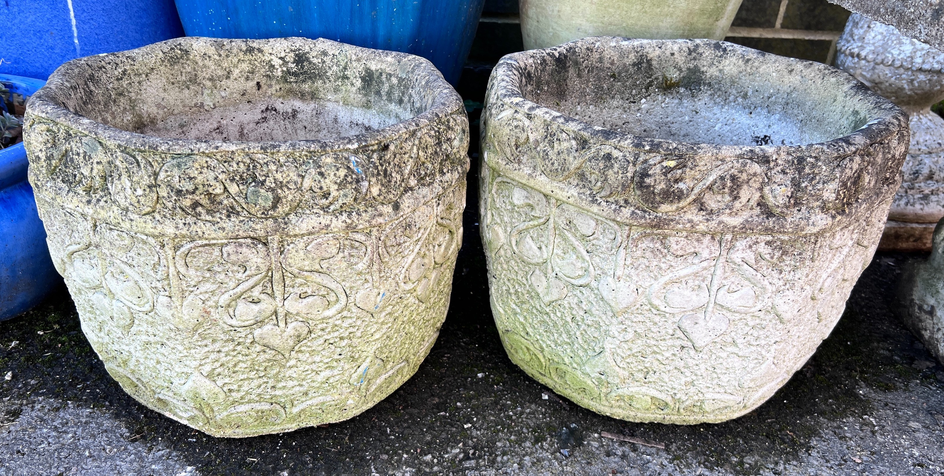 A pair of Cotstone octagonal Art Nouveau style garden planters, width 34cm, height 28cm *Please note the sale commences at 9am.